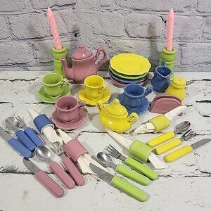 Vtg Frenzy Toys Fiesta Style Pastel Ceramic Childs Doll Tea Set 44 Pieces FLAW